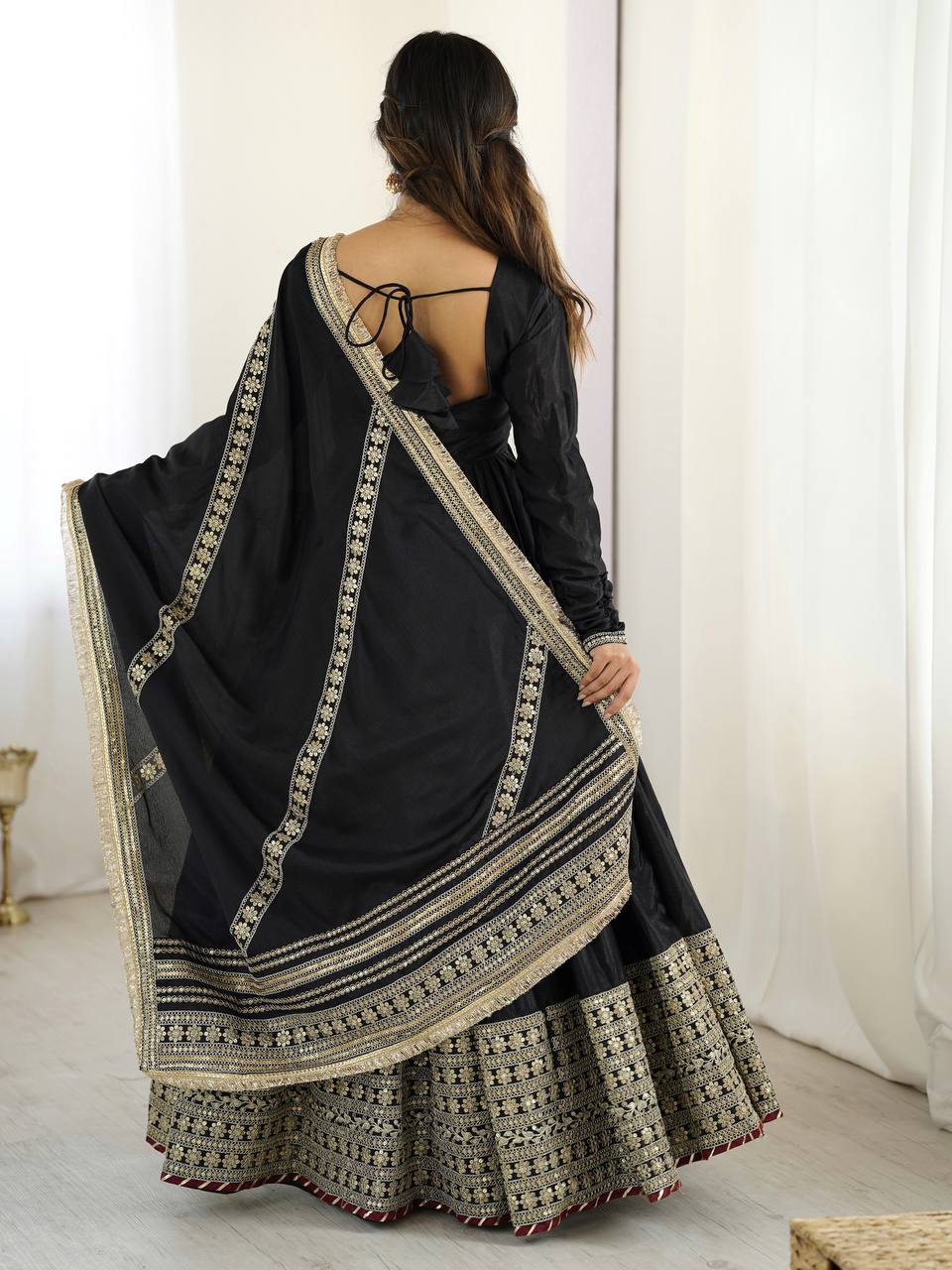 Black Color Chinon Silk With Thread Work Gown