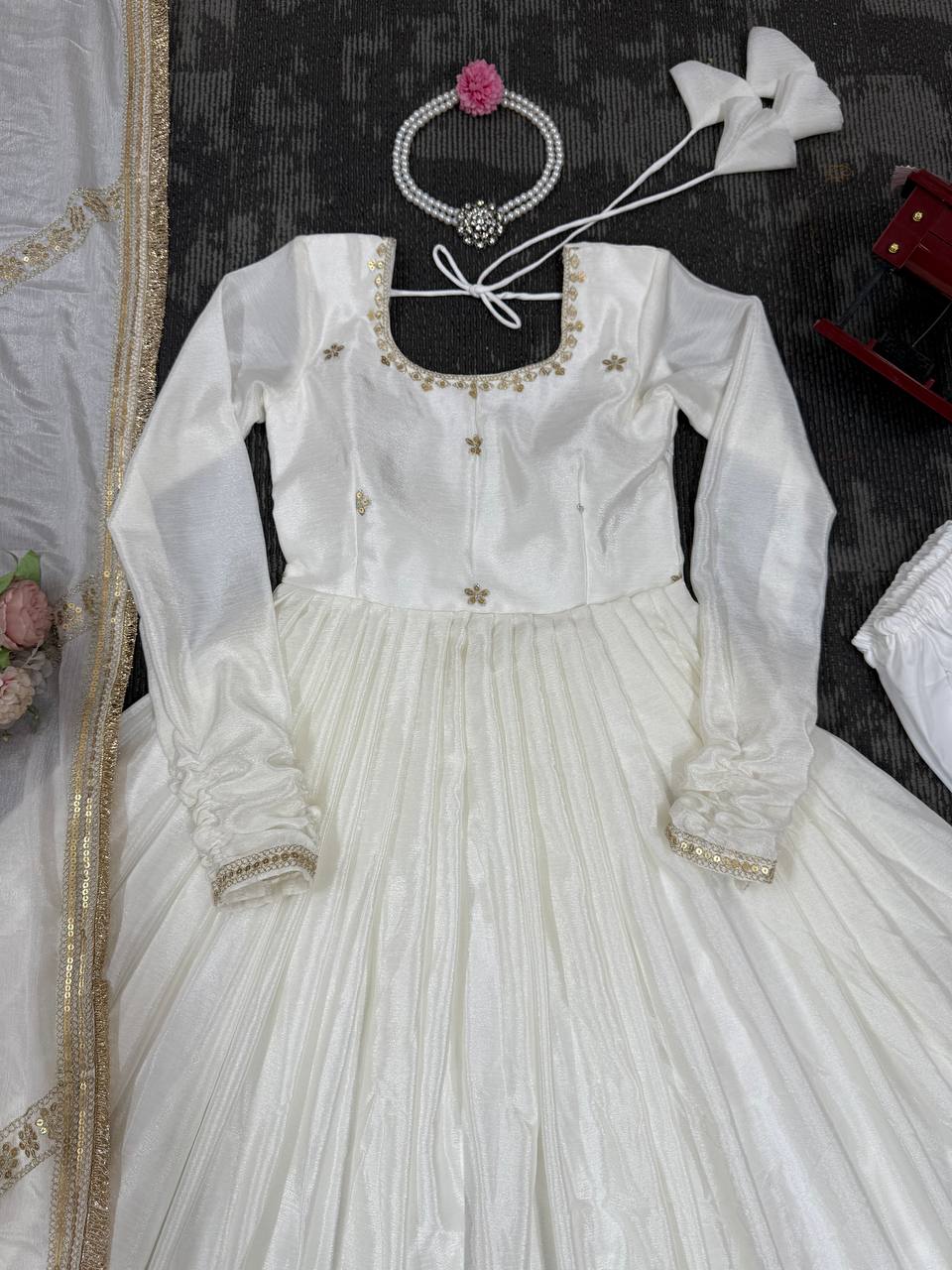 Black Color Chinon Silk With Thread Work Gown