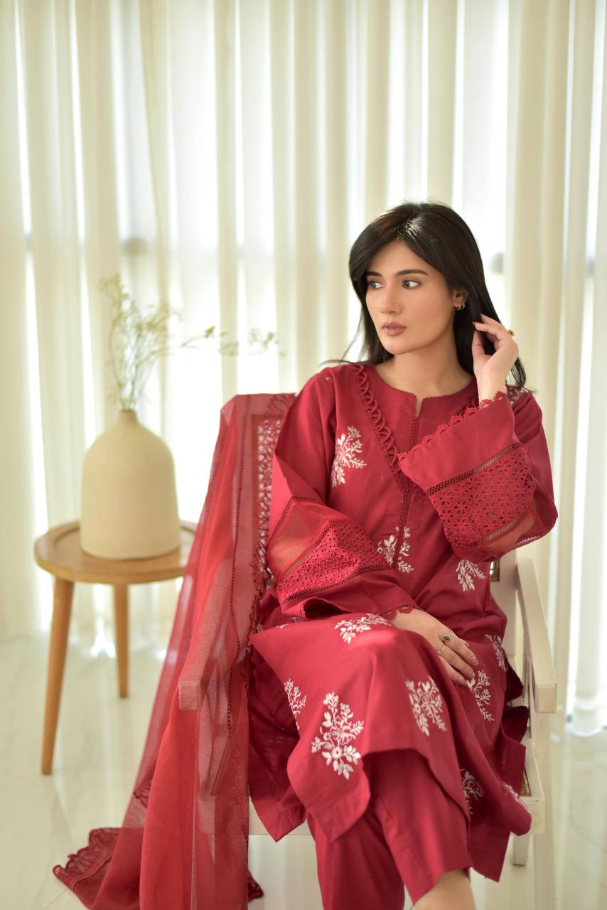 Pink Color  Roman Silk Embroidery Work Top Pent