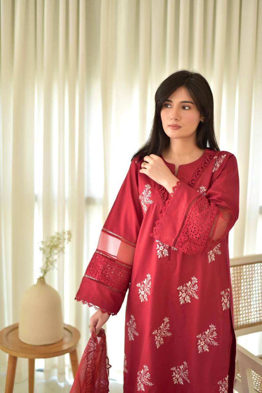 Pink Color  Roman Silk Embroidery Work Top Pent