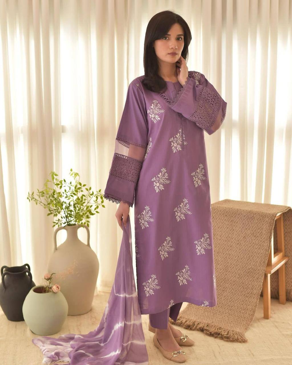 Pink Color  Roman Silk Embroidery Work Top Pent