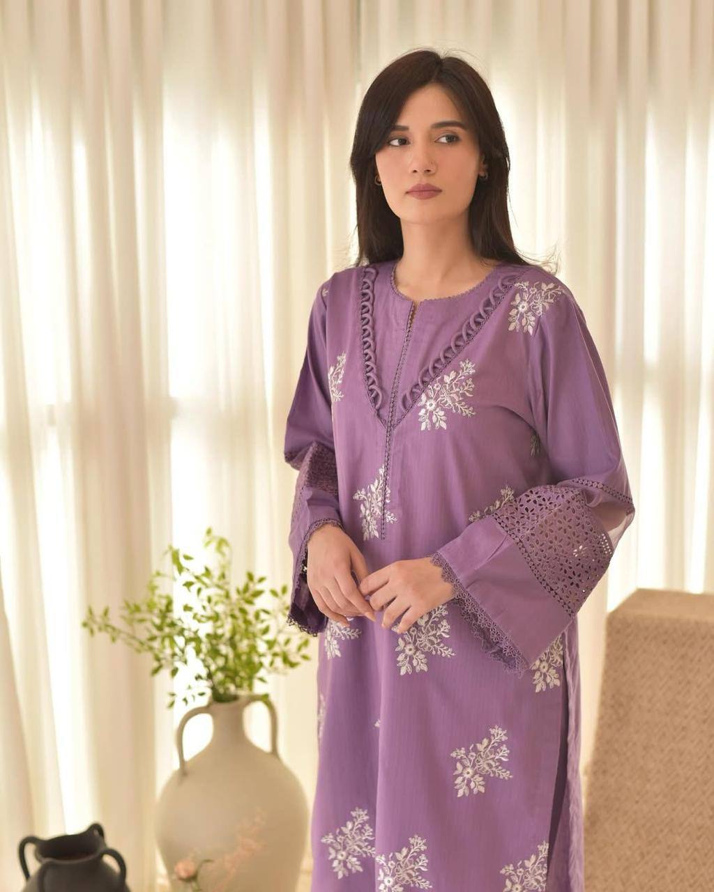 Pink Color  Roman Silk Embroidery Work Top Pent