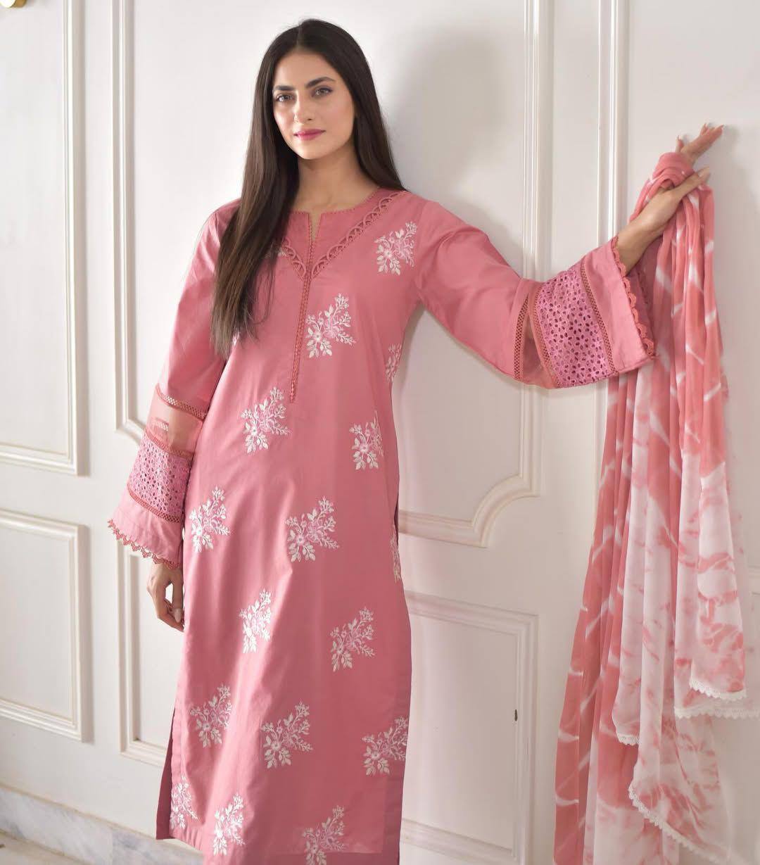 Pink Color  Roman Silk Embroidery Work Top Pent