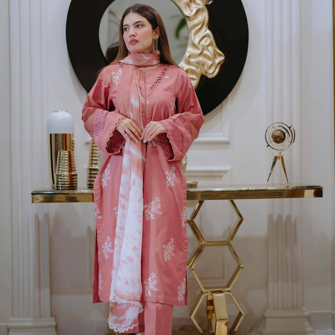 Pink Color  Roman Silk Embroidery Work Top Pent