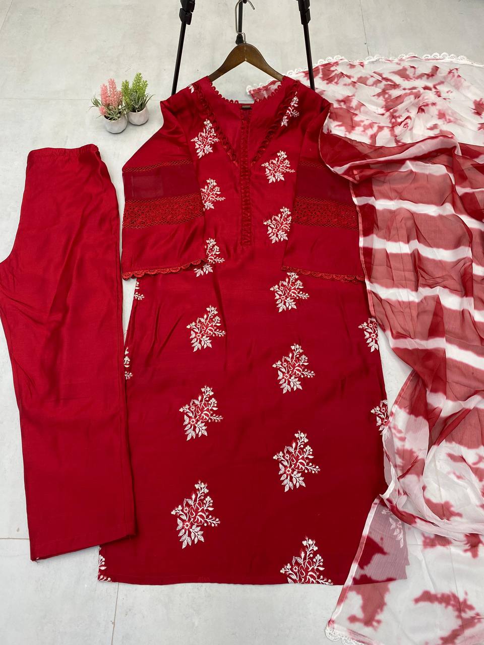Pink Color  Roman Silk Embroidery Work Top Pent