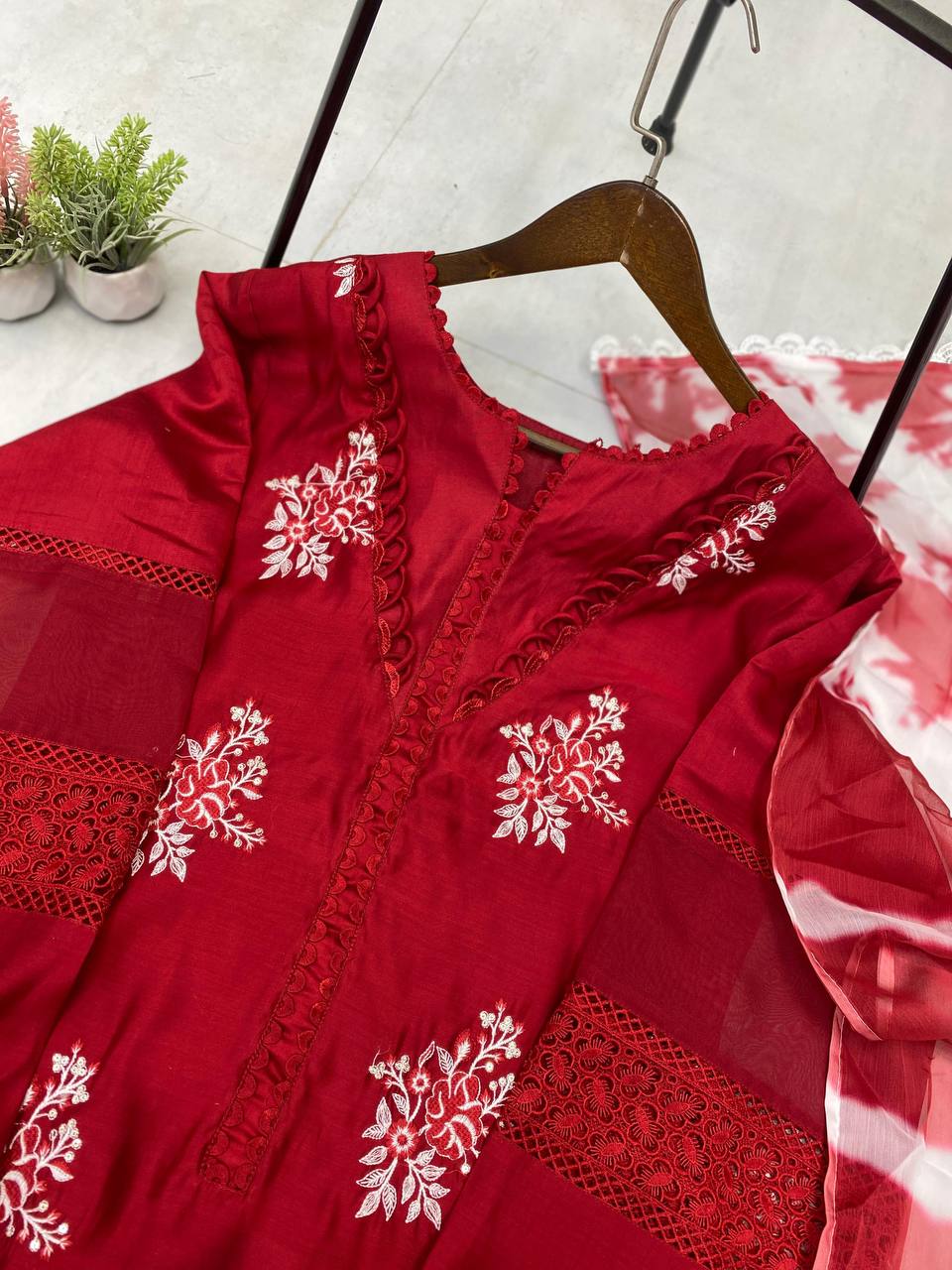 Pink Color  Roman Silk Embroidery Work Top Pent