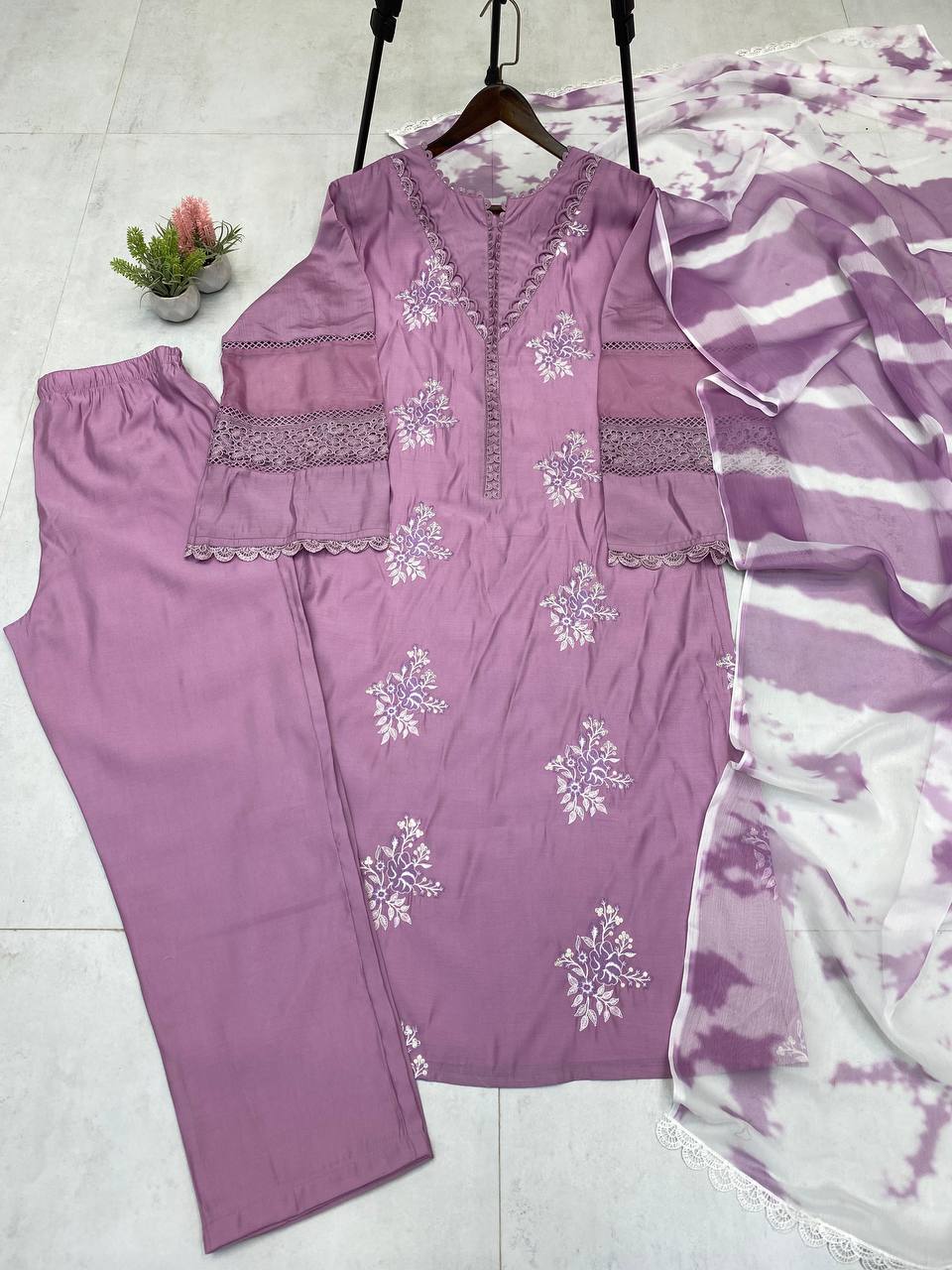 Pink Color  Roman Silk Embroidery Work Top Pent