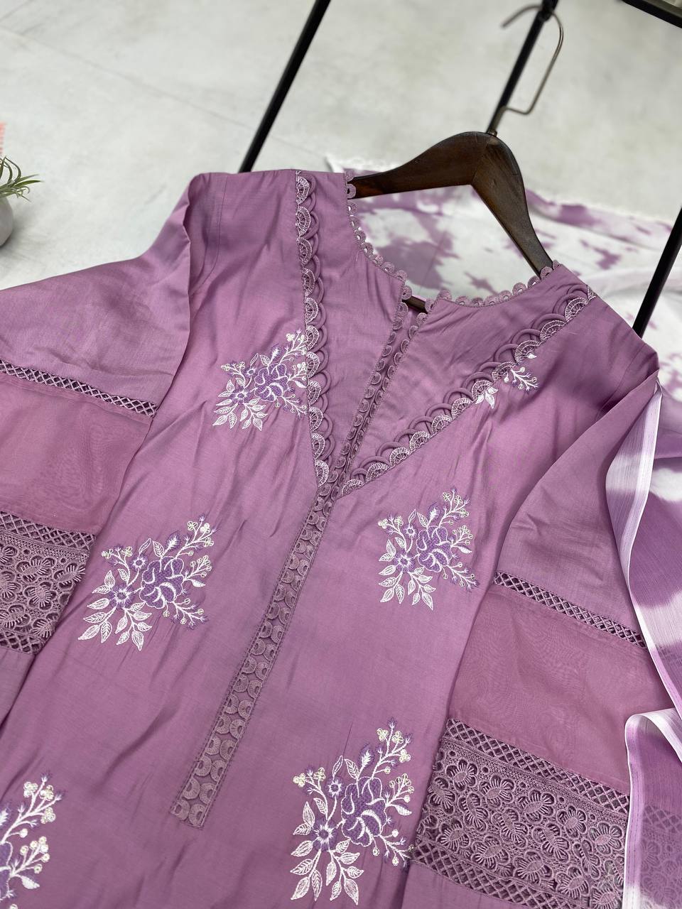 Pink Color  Roman Silk Embroidery Work Top Pent