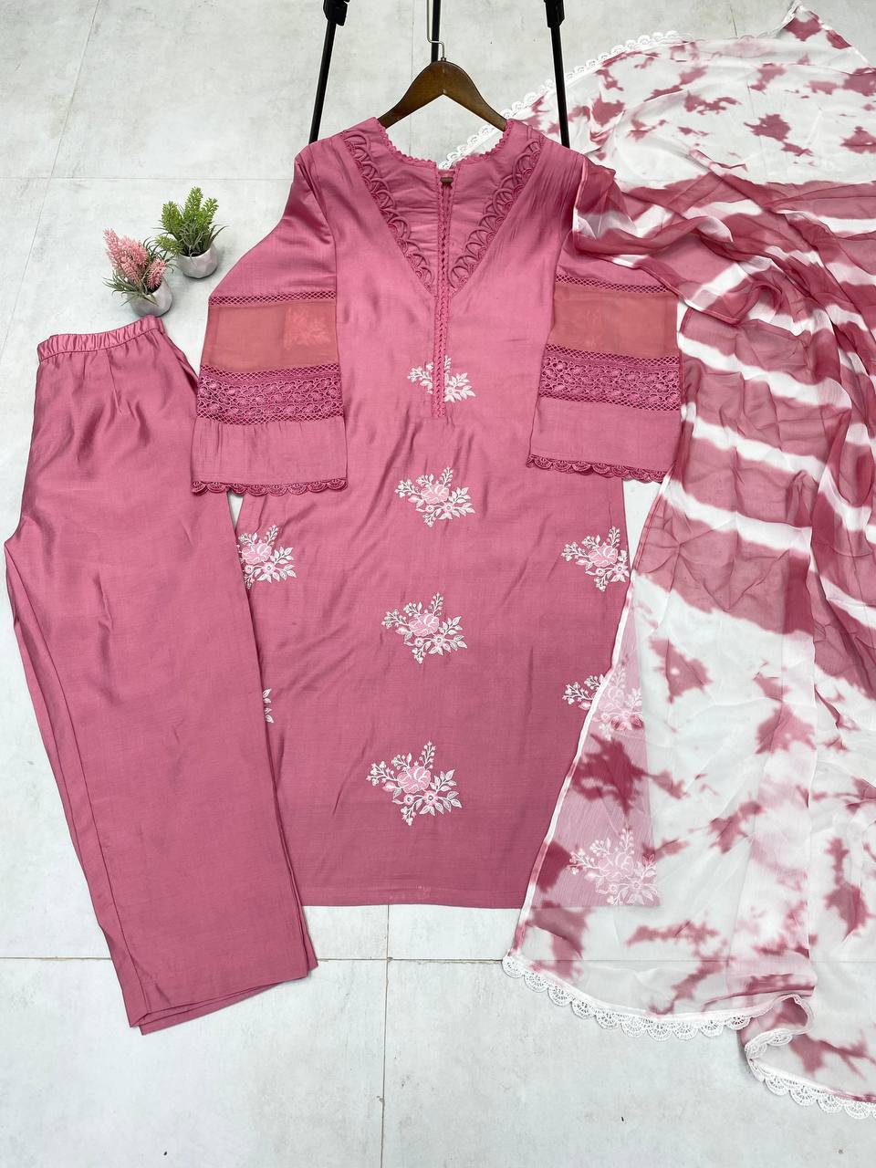 Pink Color  Roman Silk Embroidery Work Top Pent