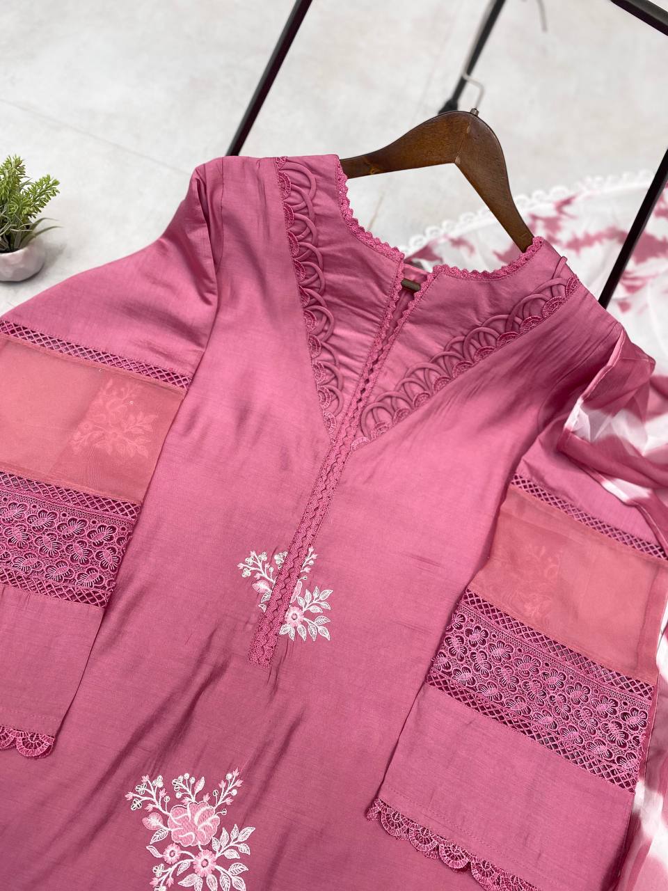 Pink Color  Roman Silk Embroidery Work Top Pent