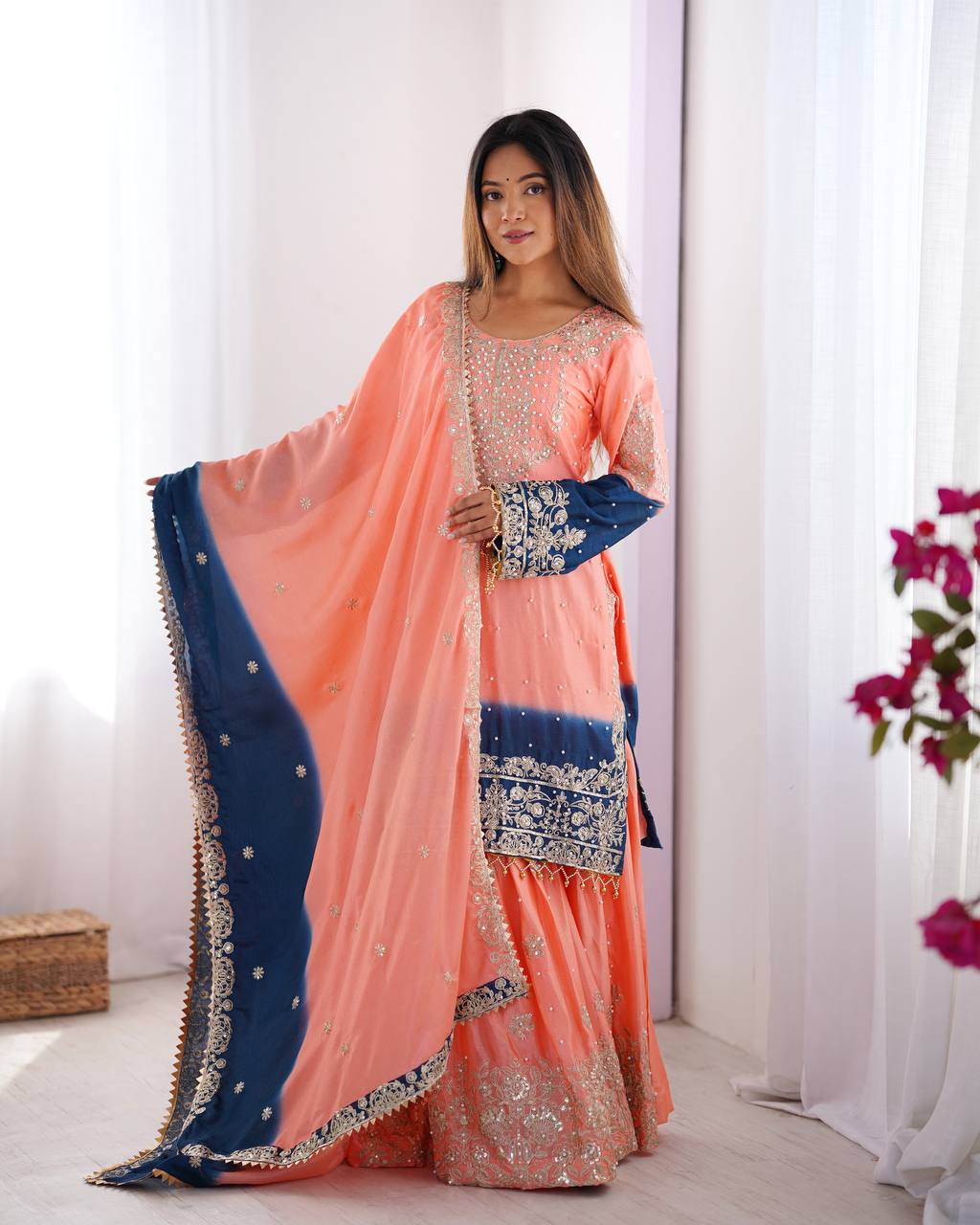 Full Heacy Chinon Silk With Sequence With Rivet Moti Work Top Plazzo Pair