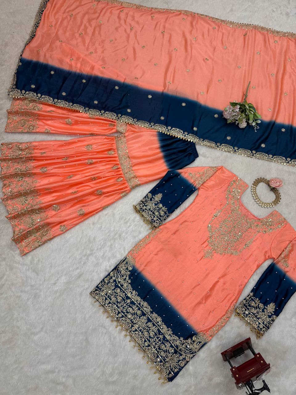 Full Heacy Chinon Silk With Sequence With Rivet Moti Work Top Plazzo Pair