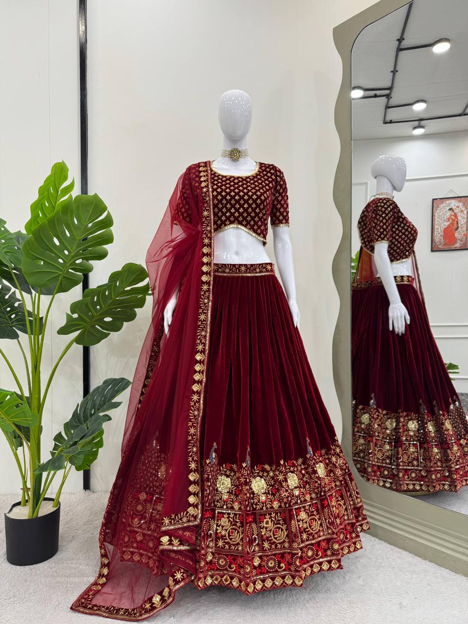 Wedding Special Red Velvet Thread With Sequence Work Attech With Cancan And Canvas Lehenga Choli