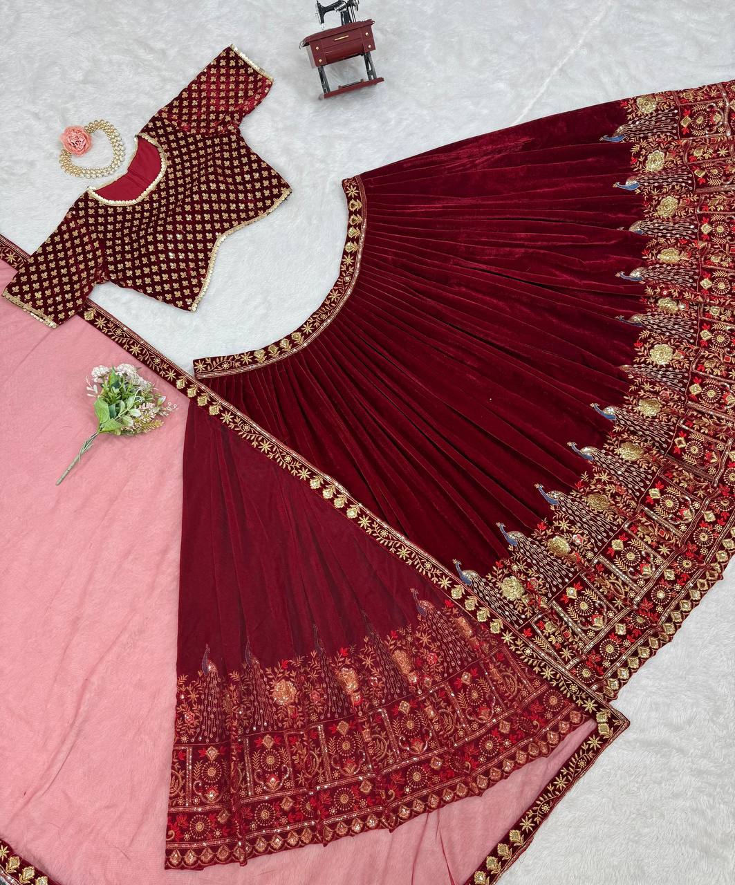 Wedding Special Red Velvet Thread With Sequence Work Attech With Cancan And Canvas Lehenga Choli