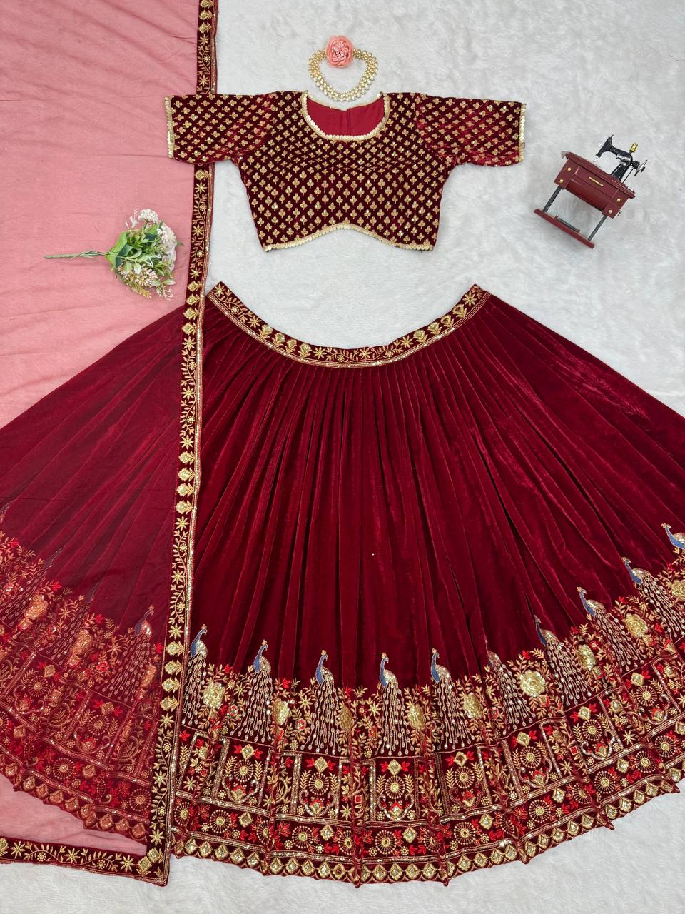 Wedding Special Red Velvet Thread With Sequence Work Attech With Cancan And Canvas Lehenga Choli