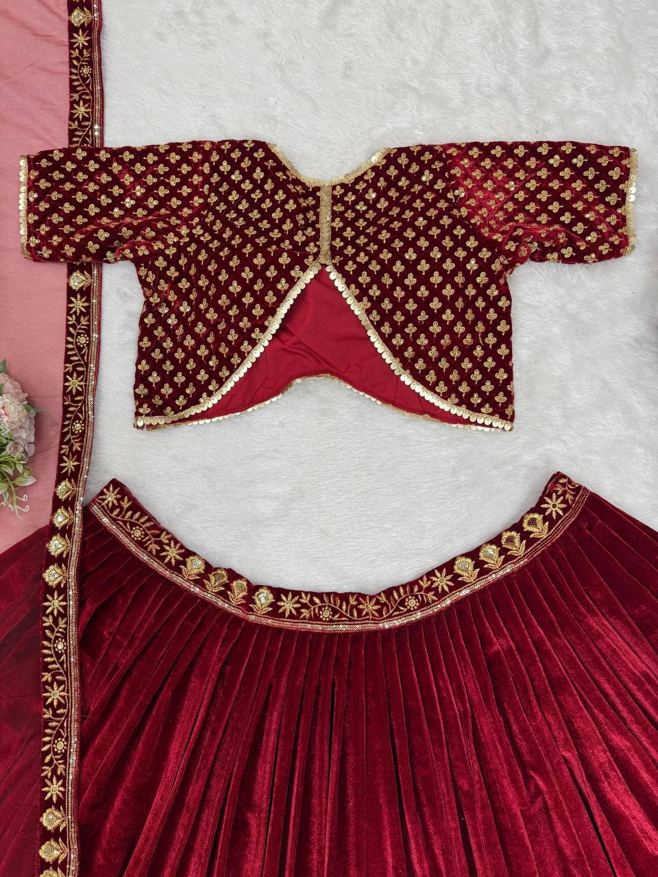 Wedding Special Red Velvet Thread With Sequence Work Attech With Cancan And Canvas Lehenga Choli