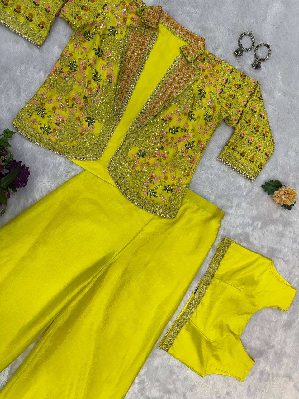 Chinon Fabric With Full Embroidery Work And Moti Lace Work And Free Size Koti Plazzo