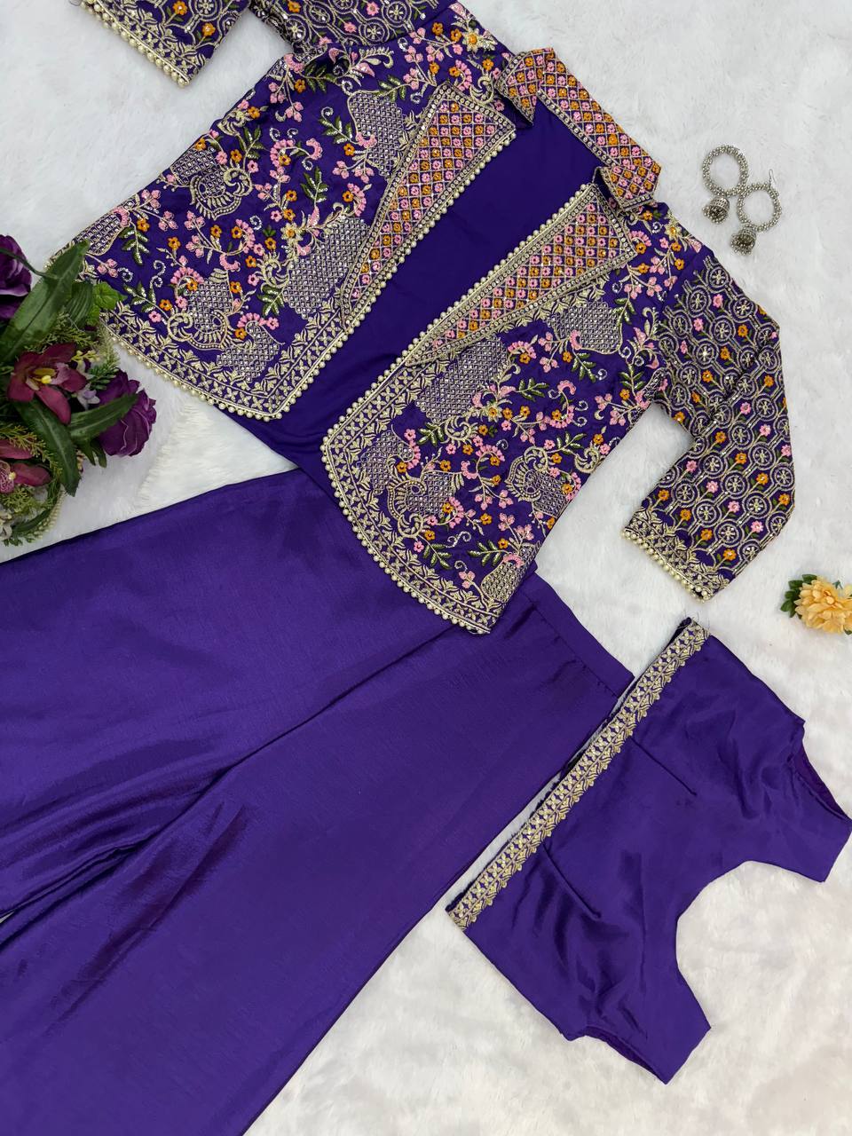 Chinon Fabric With Full Embroidery Work And Moti Lace Work And Free Size Koti Plazzo