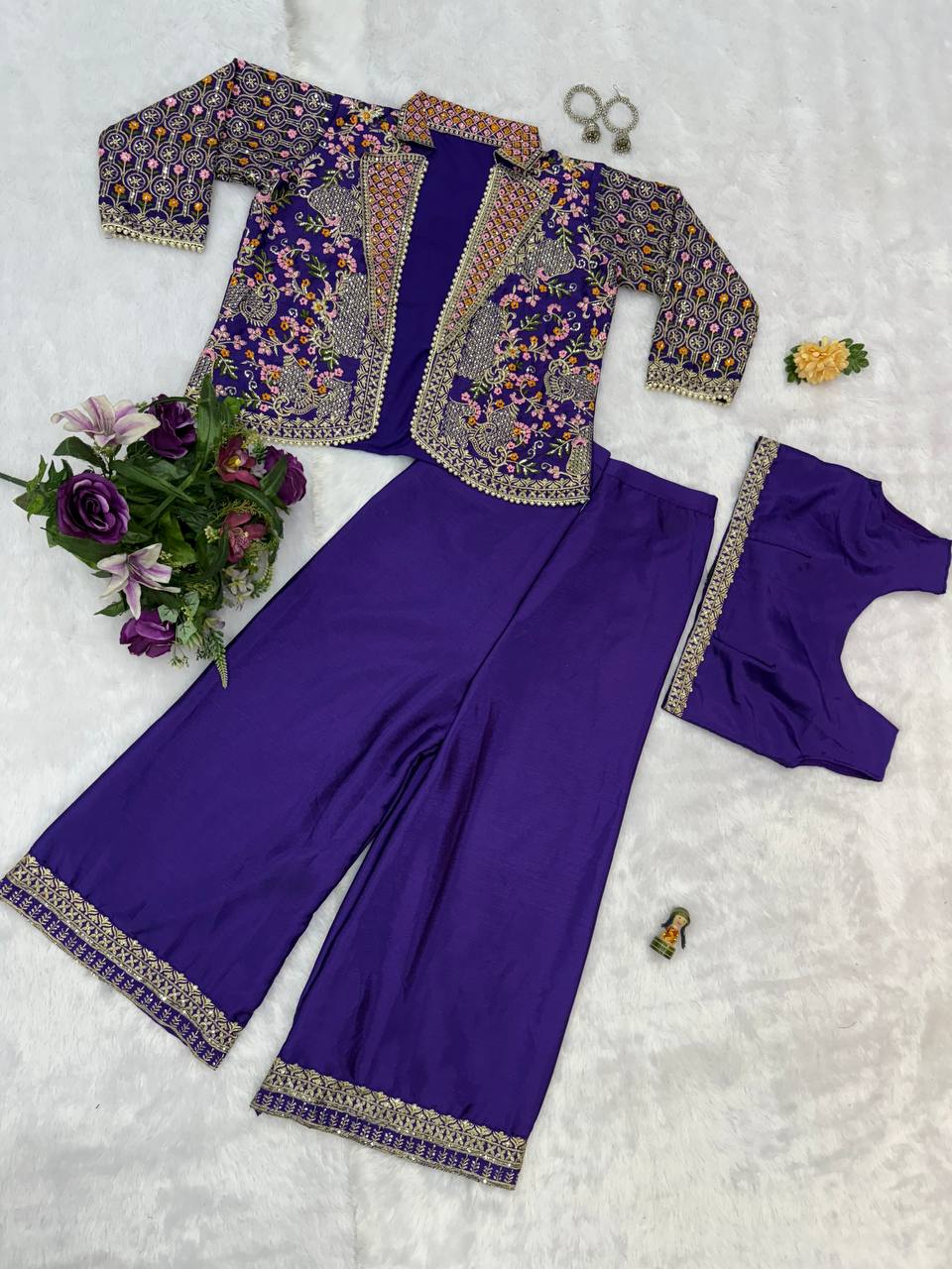 Chinon Fabric With Full Embroidery Work And Moti Lace Work And Free Size Koti Plazzo