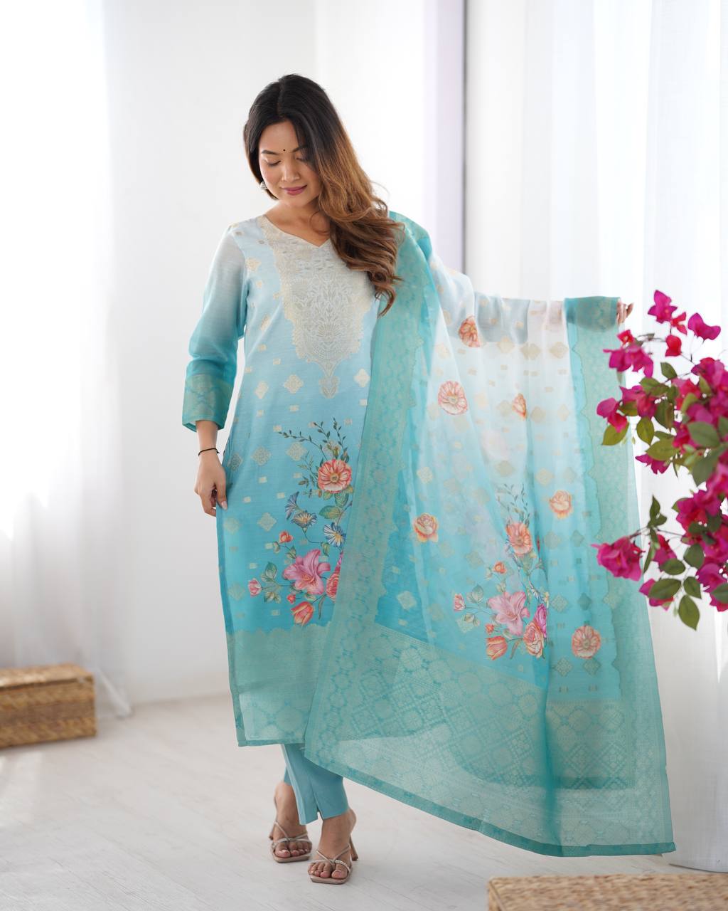 CHANDERI SILK JACQARD WORK DUPATTA WOMEN'S TOP PANT
