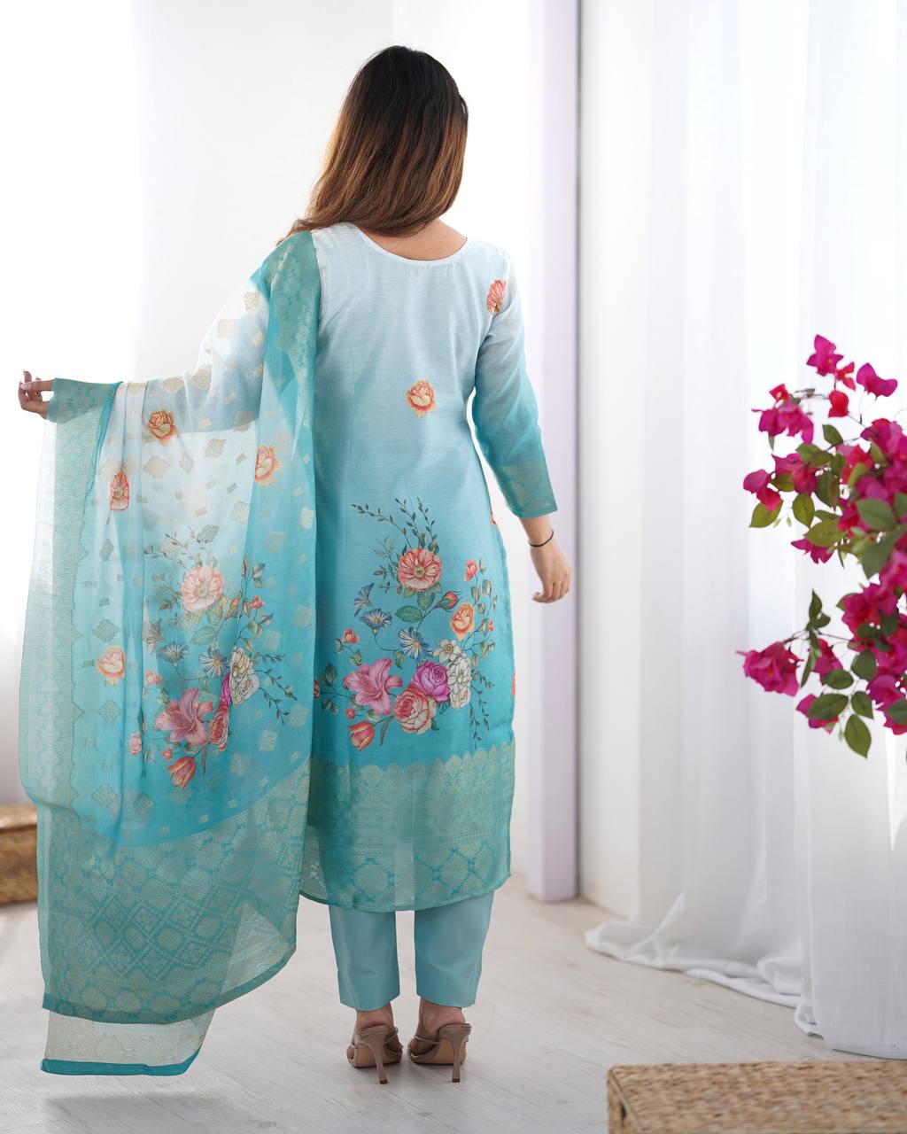 CHANDERI SILK JACQARD WORK DUPATTA WOMEN'S TOP PANT