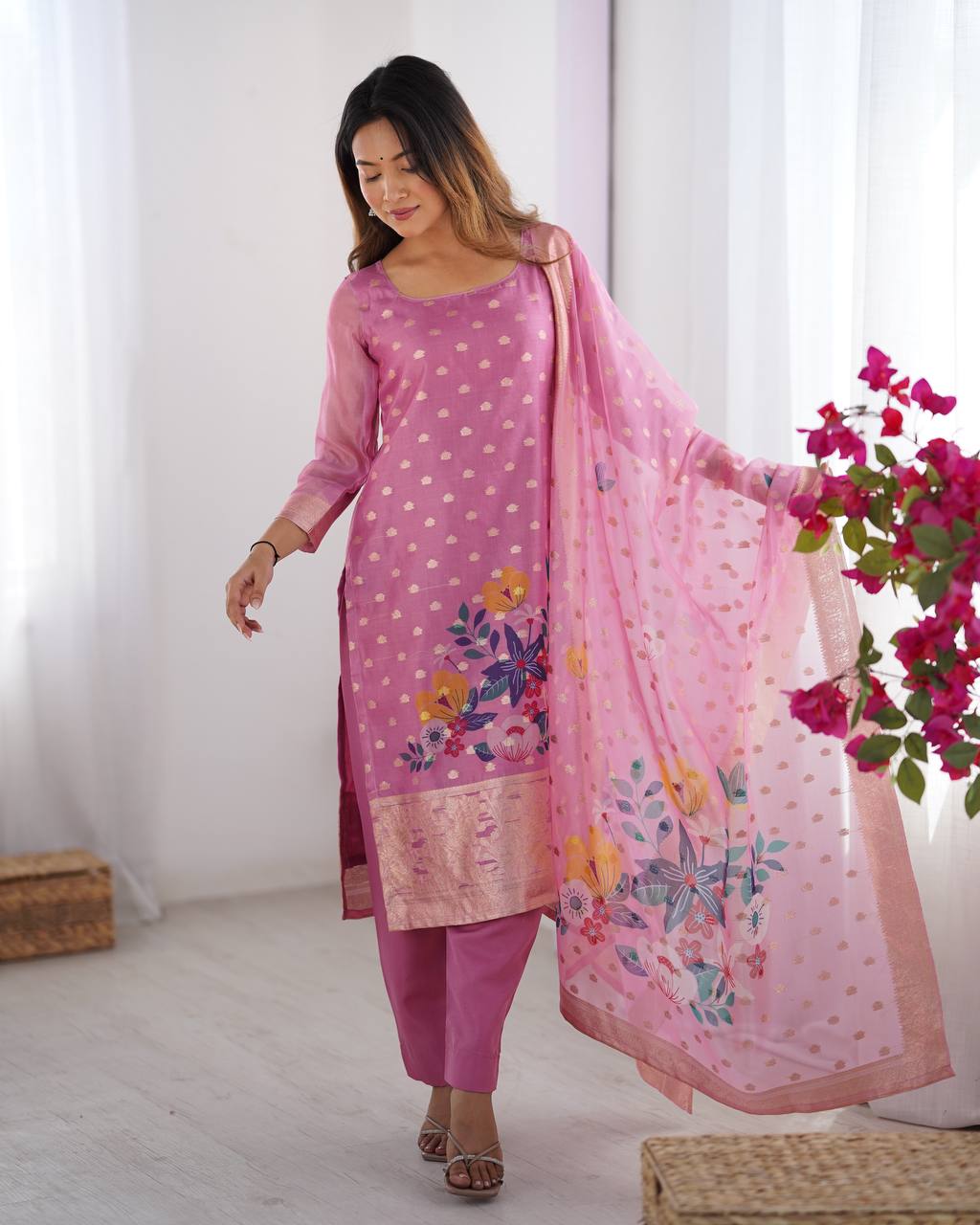 CHANDERI SILK JACQARD WORK DUPATTA WOMEN'S TOP PANT