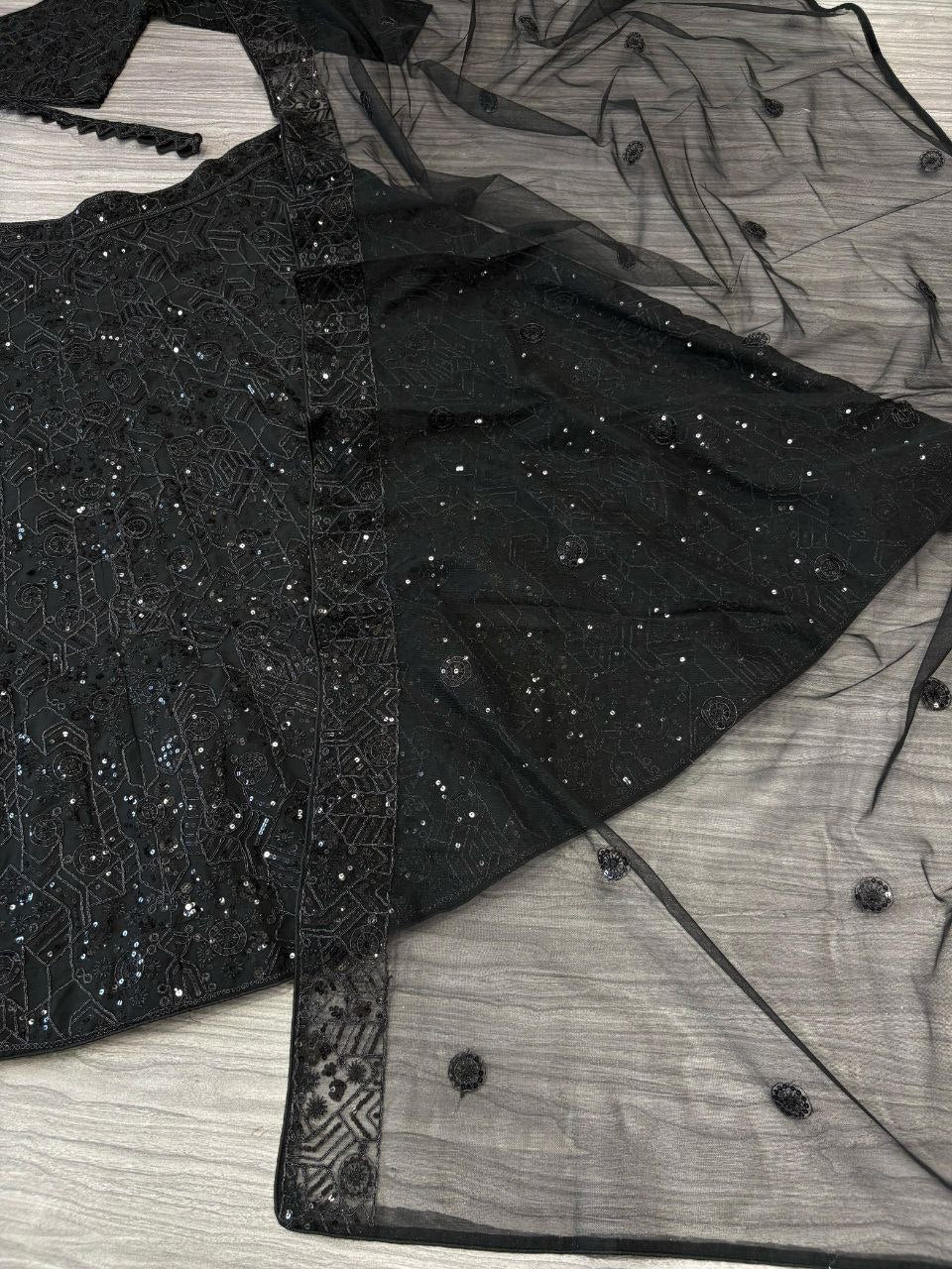 Primium FauxGeorgette  Embellished With Thread Embroidery Work And  Heavy Sequence  Work Lehenga