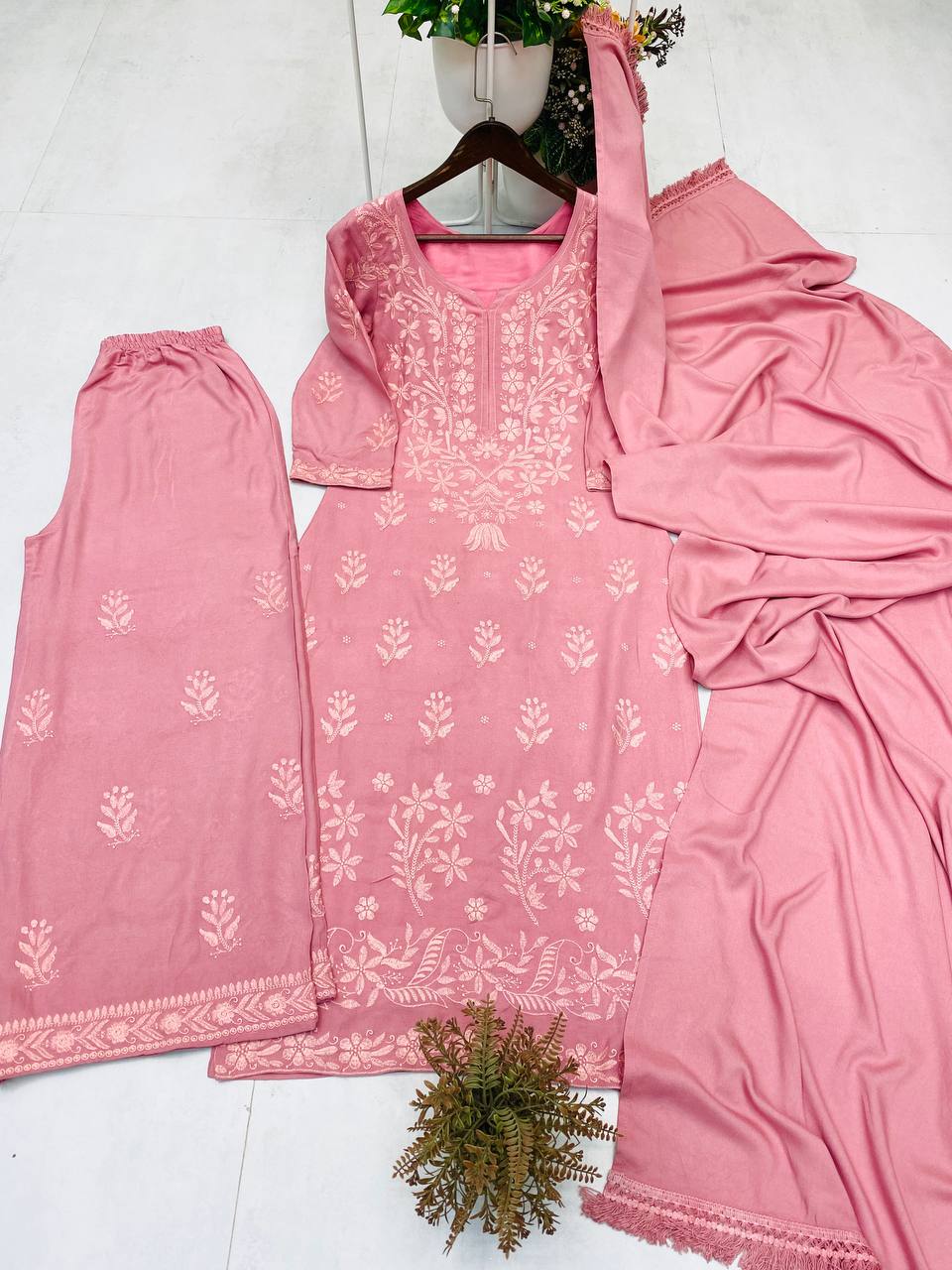 Pink Color Embroidery Work With Reyon Fabric Top Plazzo
