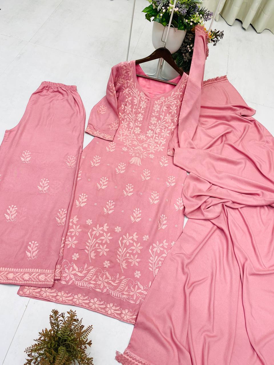 Pink Color Embroidery Work With Reyon Fabric Top Plazzo