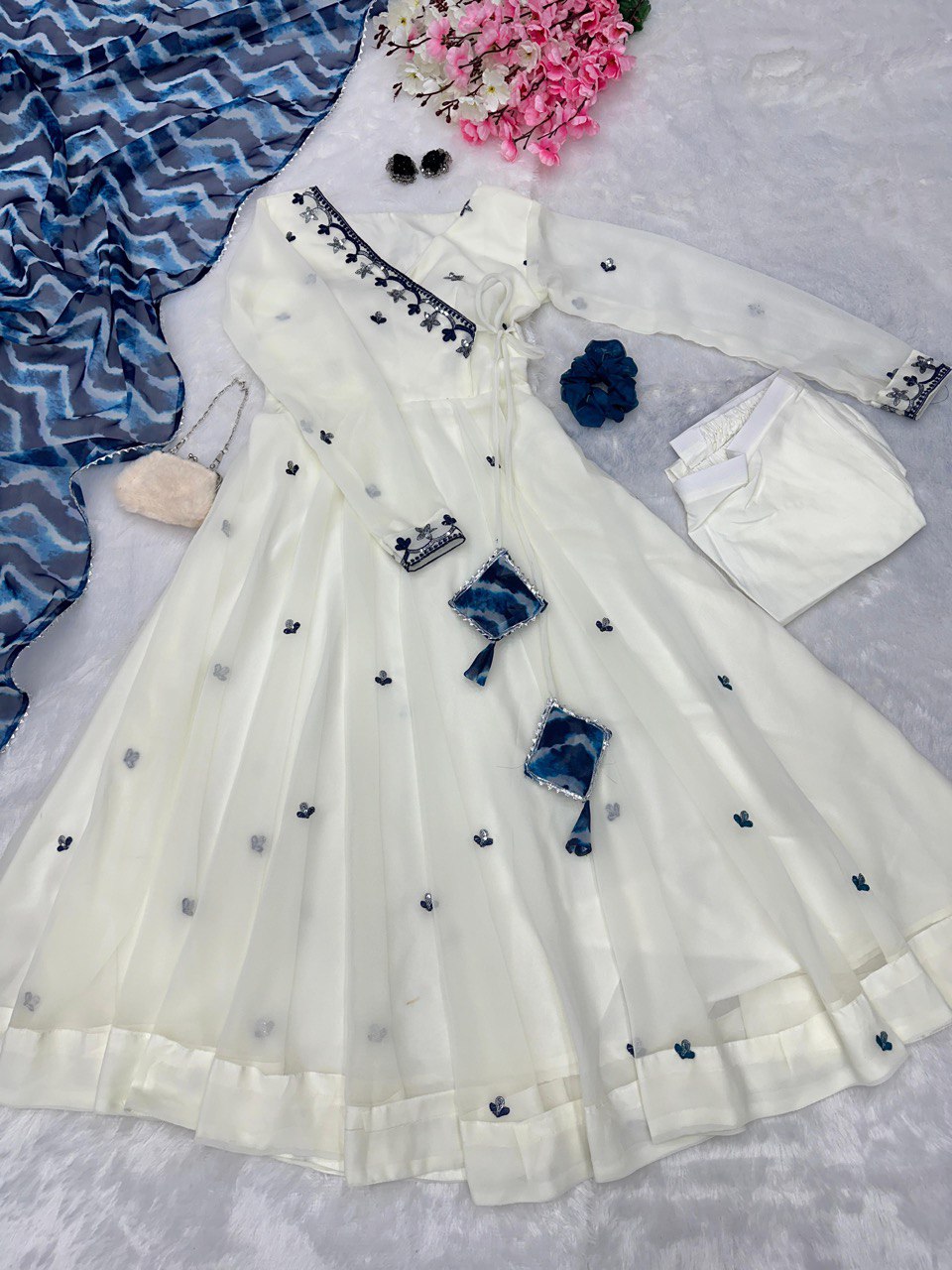 White Colour Georgette Embroidery Work Anarkali