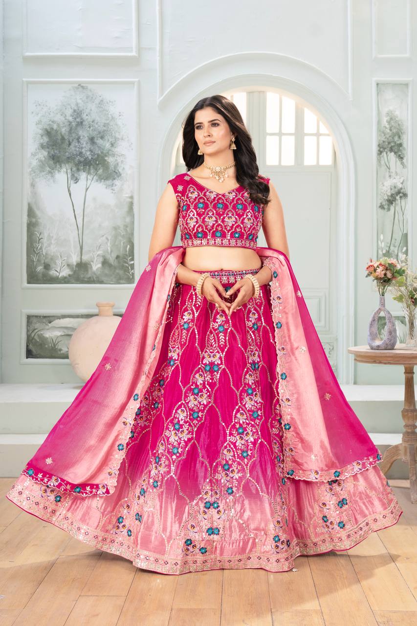 Pink Color chinon Pedding Embroidery Work Lehenga