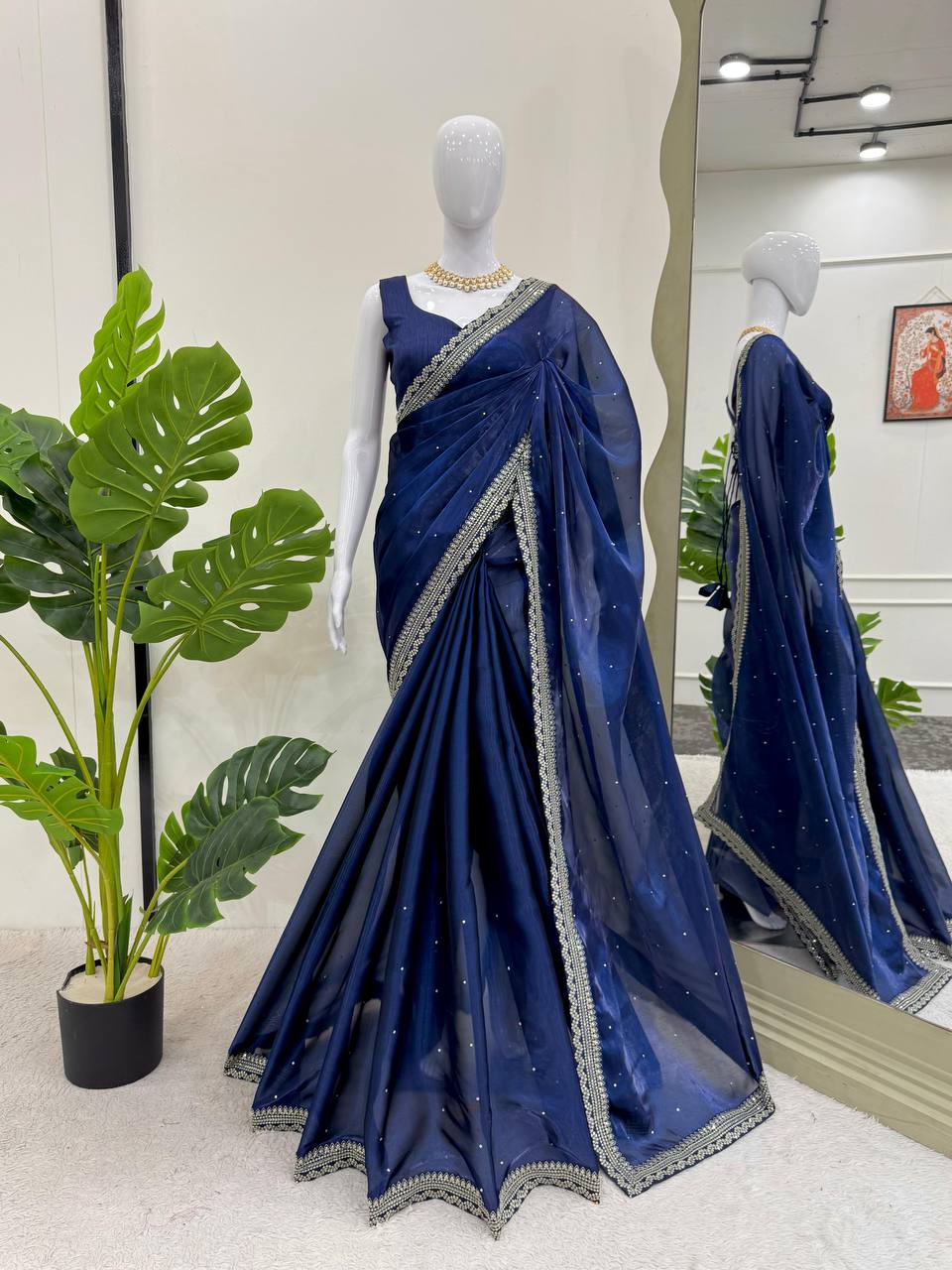 Blue Colour Organza Silk Thread And Sequence Diamond Work Saree With Heavy Blouse