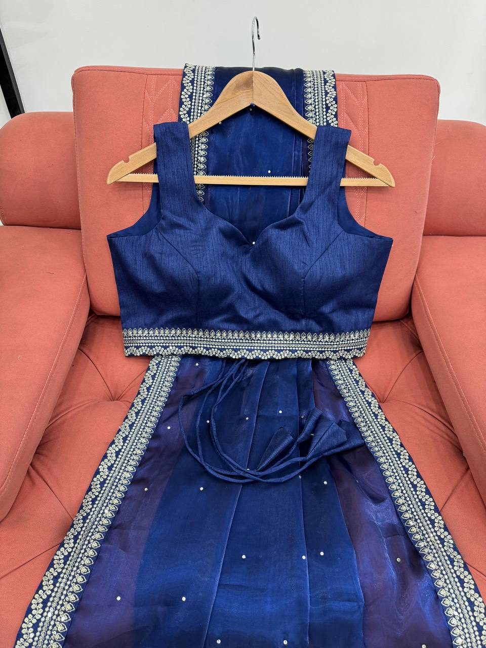 Blue Colour Organza Silk Thread And Sequence Diamond Work Saree With Heavy Blouse