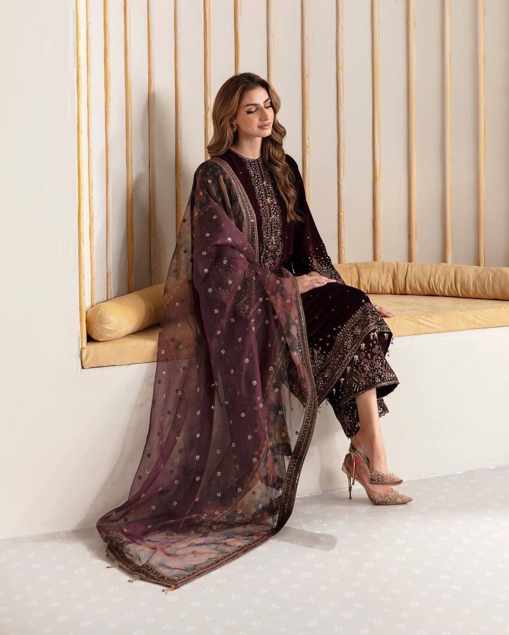 Heavy Pure Viscose Velvet Fancy Moti Latkan With Sleeve Suit