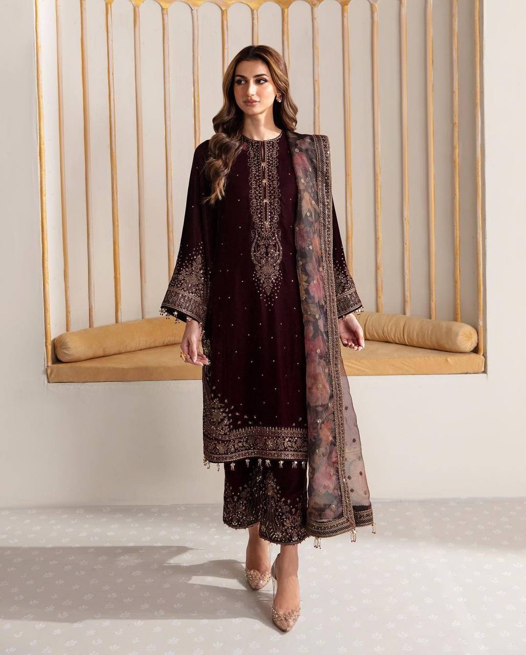 Heavy Pure Viscose Velvet Fancy Moti Latkan With Sleeve Suit