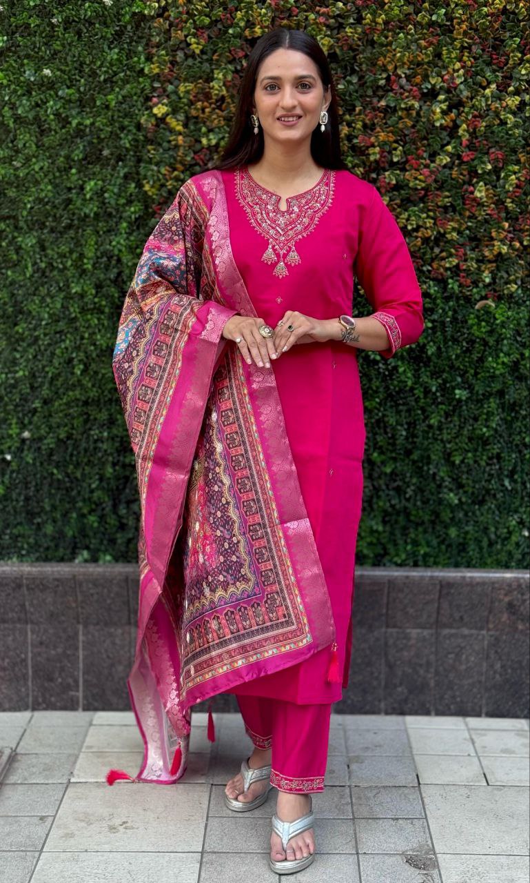 Rani Pink Color Premium Roman Silk Embroidery Work Kurti