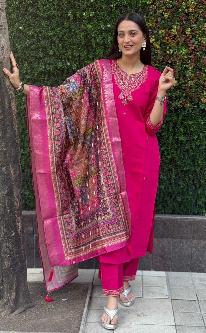 Rani Pink Color Premium Roman Silk Embroidery Work Kurti