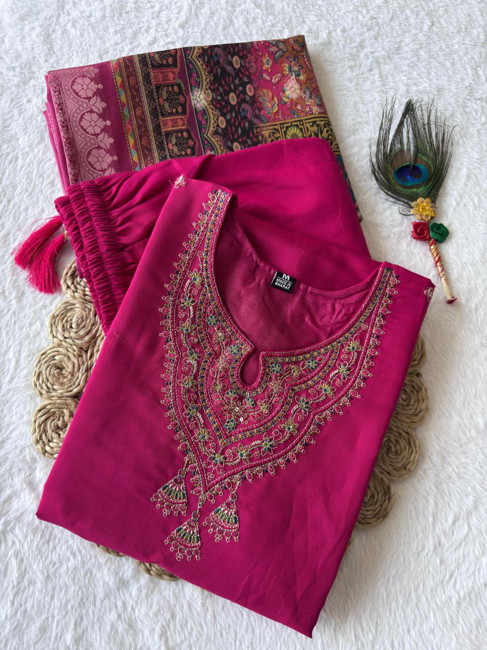 Rani Pink Color Premium Roman Silk Embroidery Work Kurti