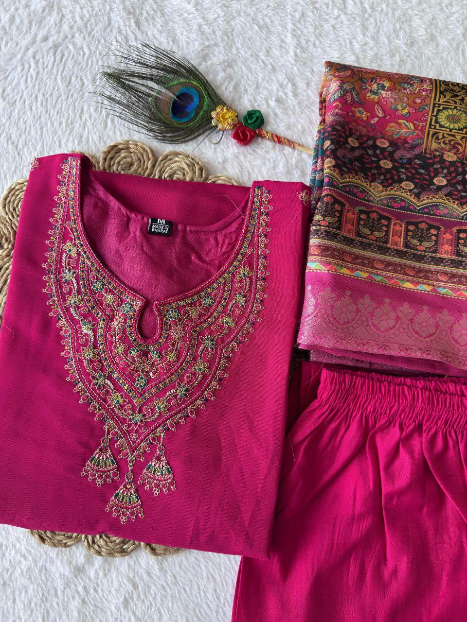 Rani Pink Color Premium Roman Silk Embroidery Work Kurti