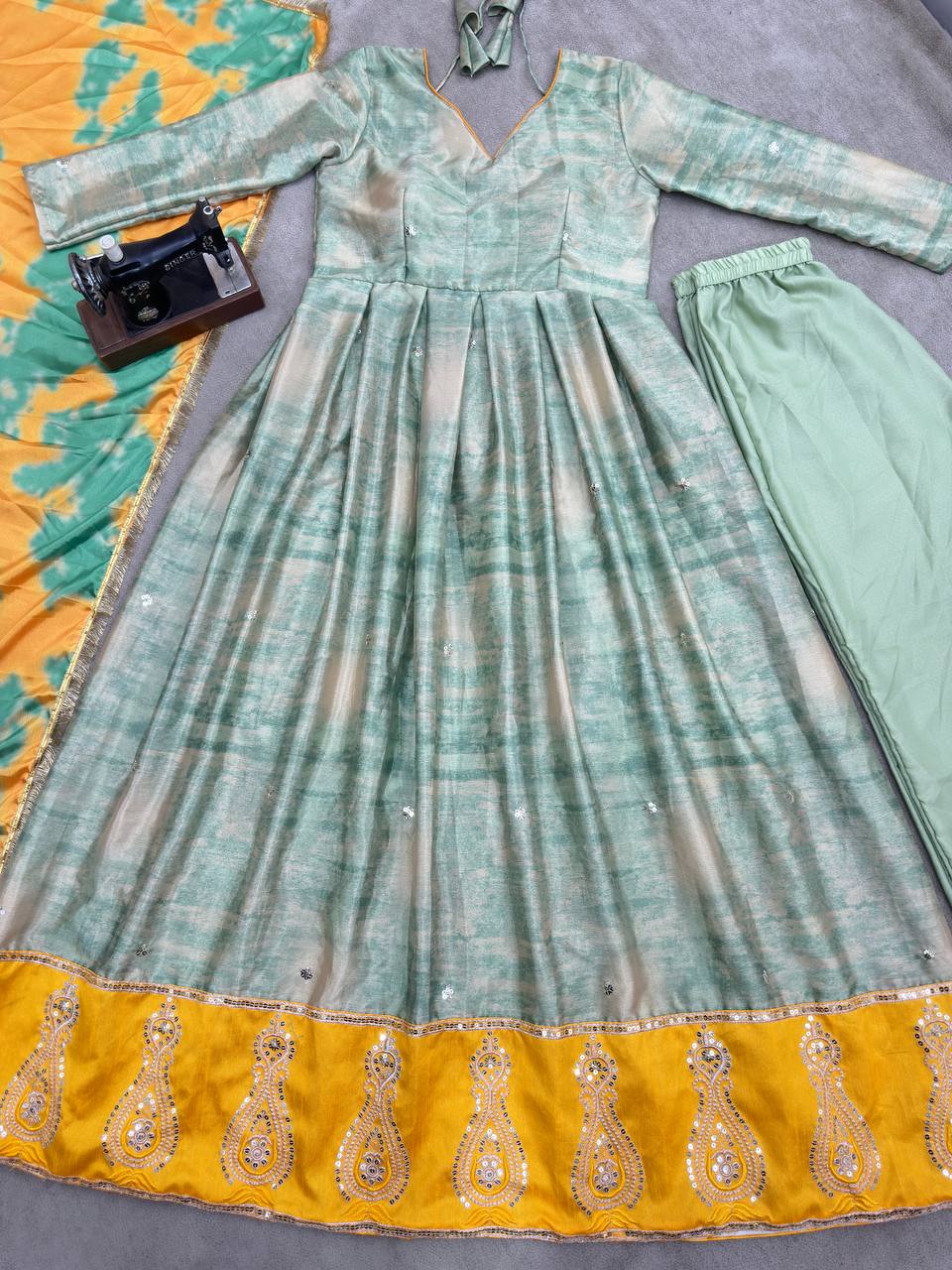 Chinon Silk With Digital Print With Embroidery Sequence Design Work Anarkali Gown
