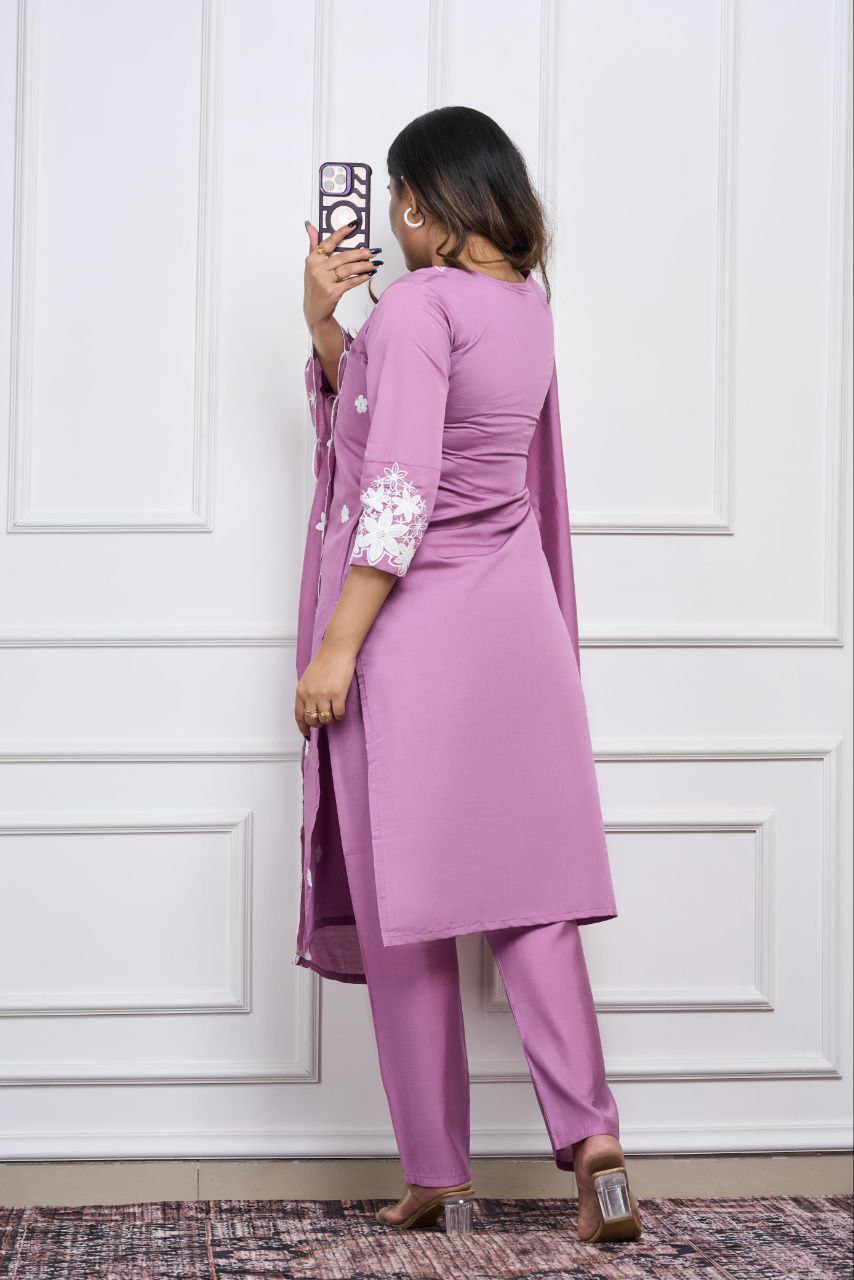 Purple Color Roman Silk Embroidery Work Kurti