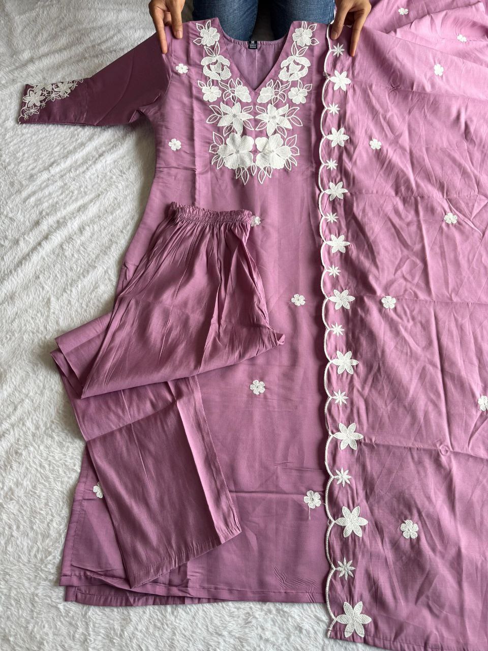 Purple Color Roman Silk Embroidery Work Kurti