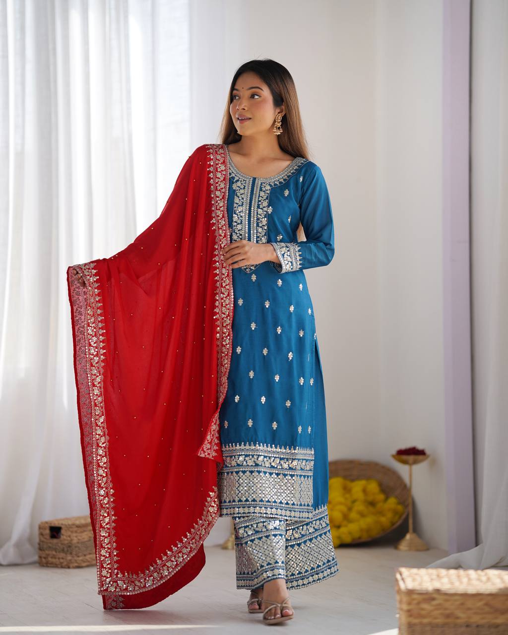 Fox Georgette With Embroidery Work With Full Sleeve With Lace Work Border Top Pent
