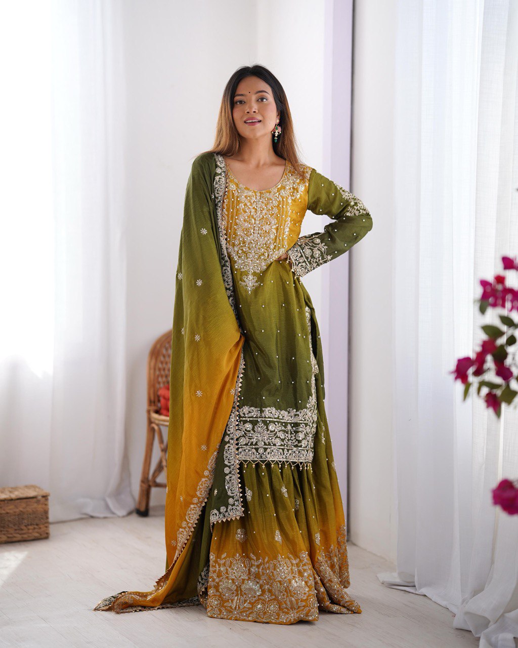 Full Heacy Chinon Silk With Sequence With Rivet Moti Work Top Plazzo Pair
