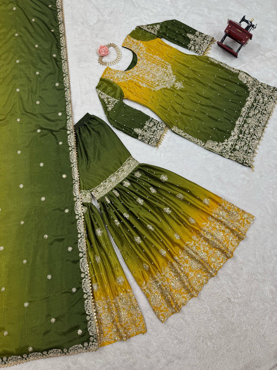 Full Heacy Chinon Silk With Sequence With Rivet Moti Work Top Plazzo Pair