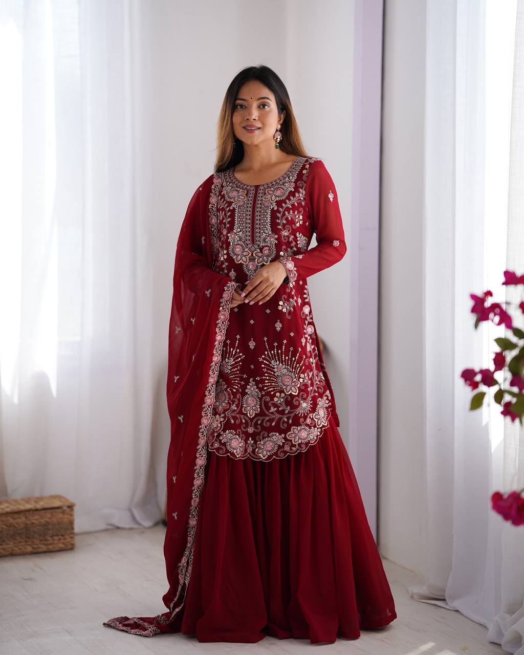 Faux Georgette Thred Work With Sequence Work And Micro Inner Top Sharara