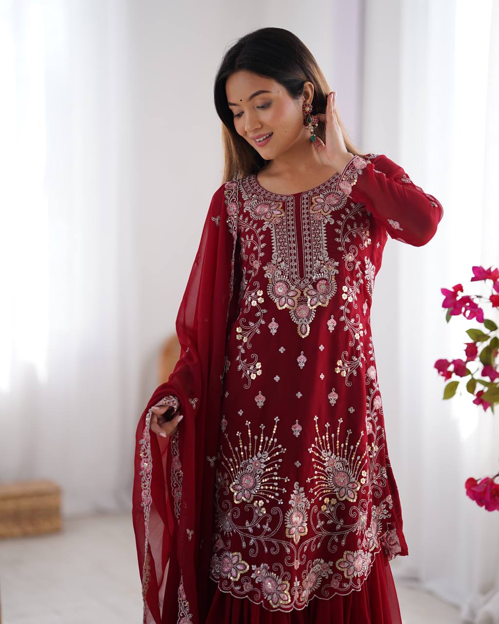 Faux Georgette Thred Work With Sequence Work And Micro Inner Top Sharara