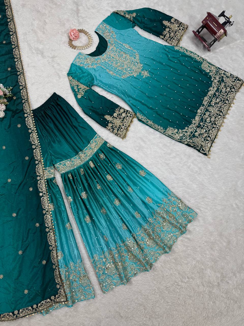 Full Heacy Chinon Silk With Sequence With Rivet Moti Work Top Plazzo Pair