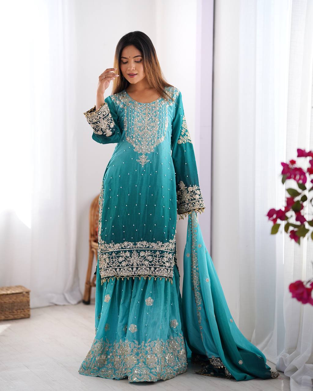 Full Heacy Chinon Silk With Sequence With Rivet Moti Work Top Plazzo Pair