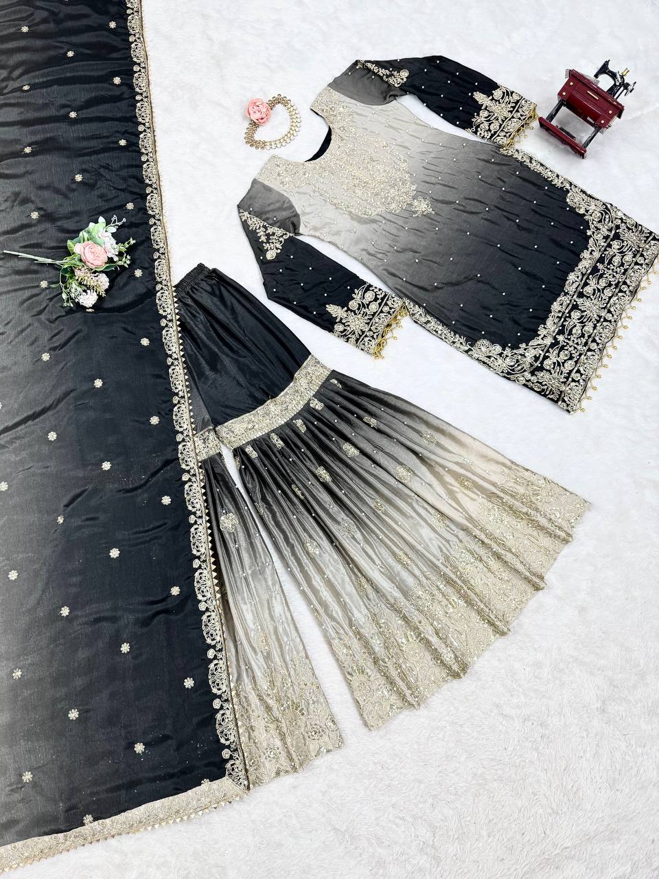 Full Heacy Chinon Silk With Sequence With Rivet Moti Work Top Plazzo Pair